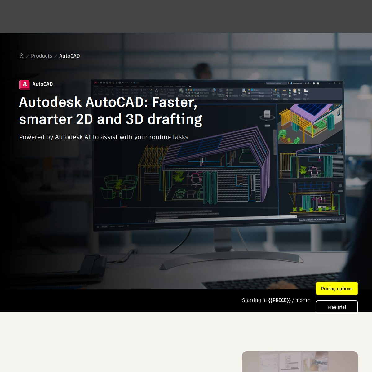Screenshot van de Autodesk AutoCAD productpagina met het jaarabonnement van €2.685 zichtbaar