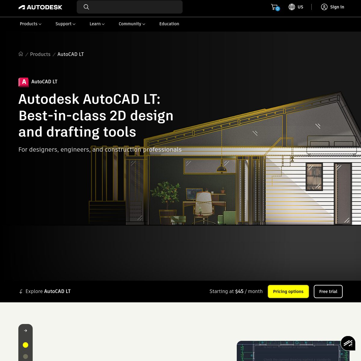Screenshot van de Autodesk AutoCAD LT productpagina met het jaarabonnement van circa €555 zichtbaar