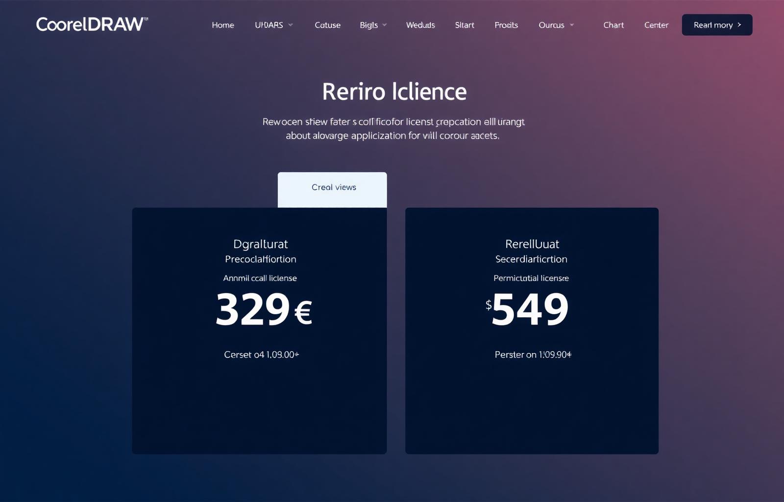 Screenshot van de CorelDRAW prijspagina met het jaar-abonnement van 329 euro en de eenmalige licentie van 549 euro
