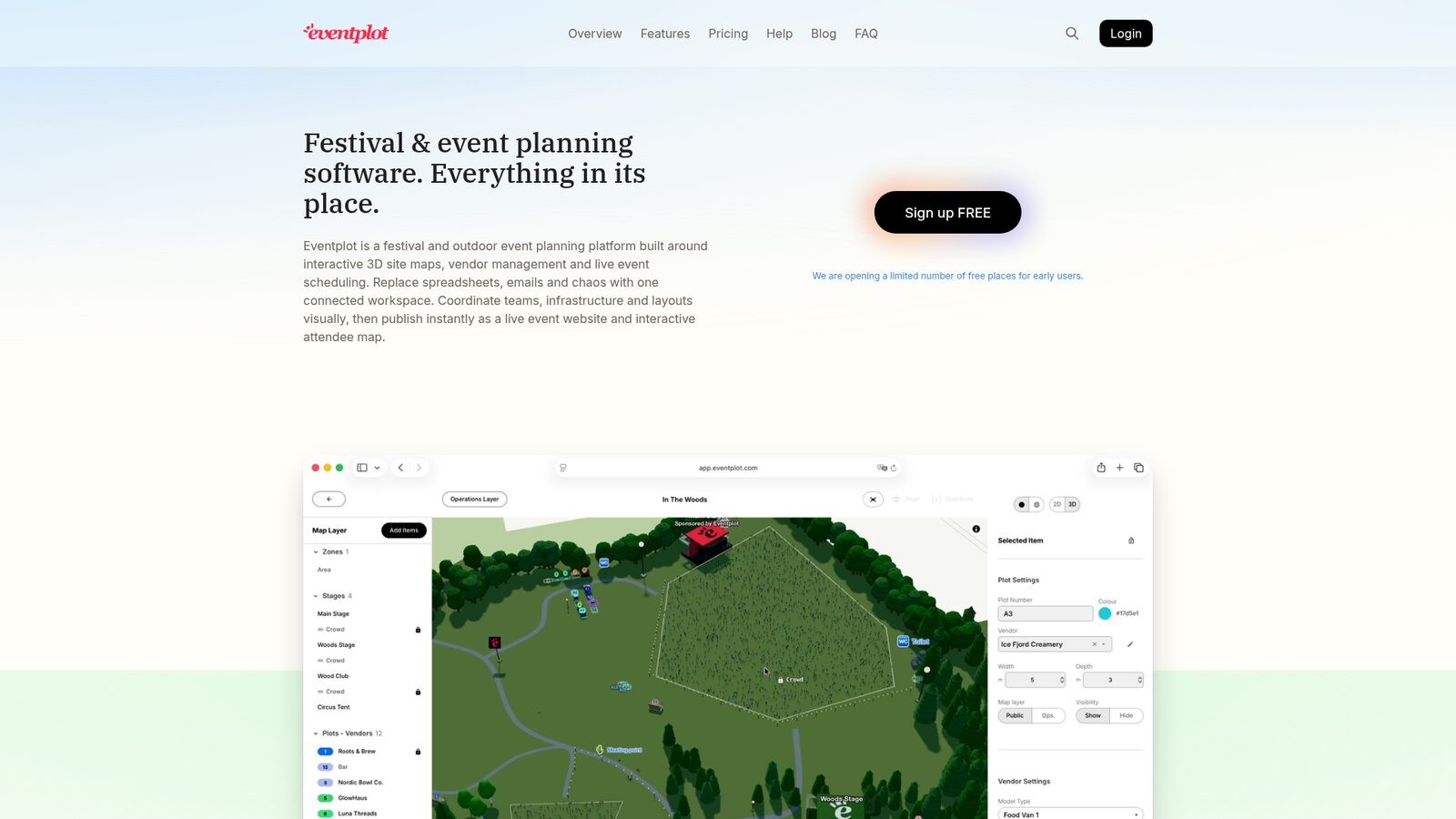 Screenshot van eventplot.com met een 3D festival site-map editor: bos-terrein met podia, vendors en zones in een drag-and-drop interface