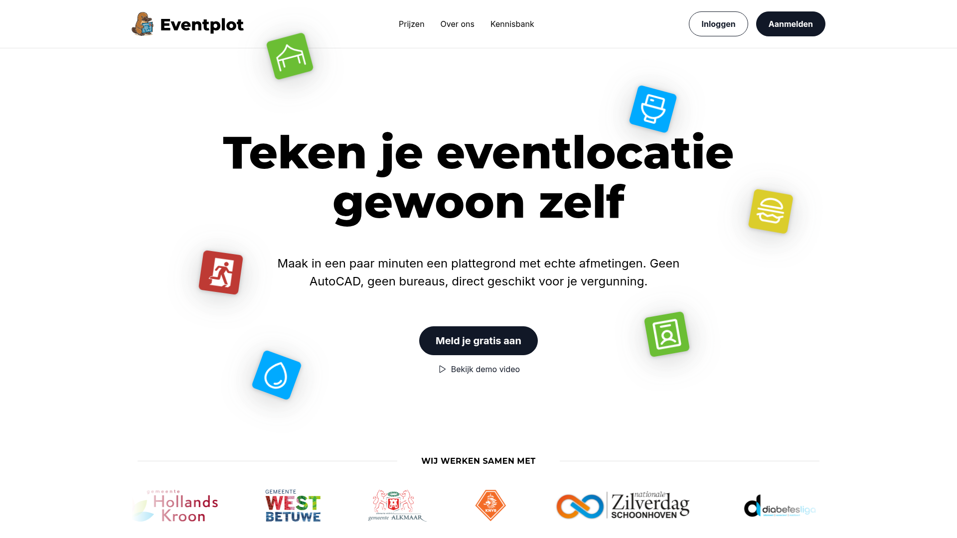 Screenshot van de Eventplot editor met een drag-and-drop festivalplattegrond op een OpenStreetMap-kaart, met podium, foodtrucks en sanitaire iconen