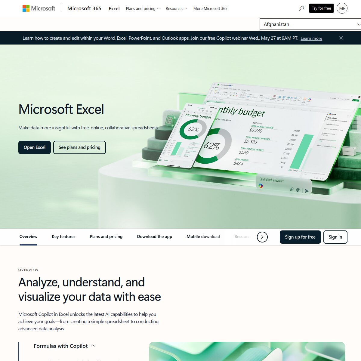 Screenshot van de Microsoft 365 Excel productpagina met abonnementsopties