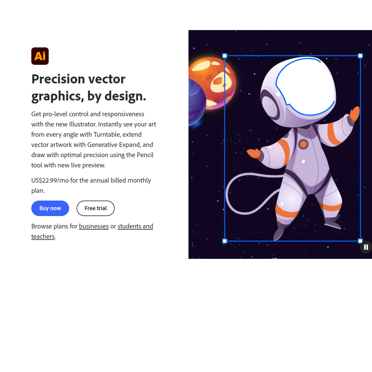 Screenshot van de Adobe Illustrator productpagina met het Creative Cloud-abonnement zichtbaar