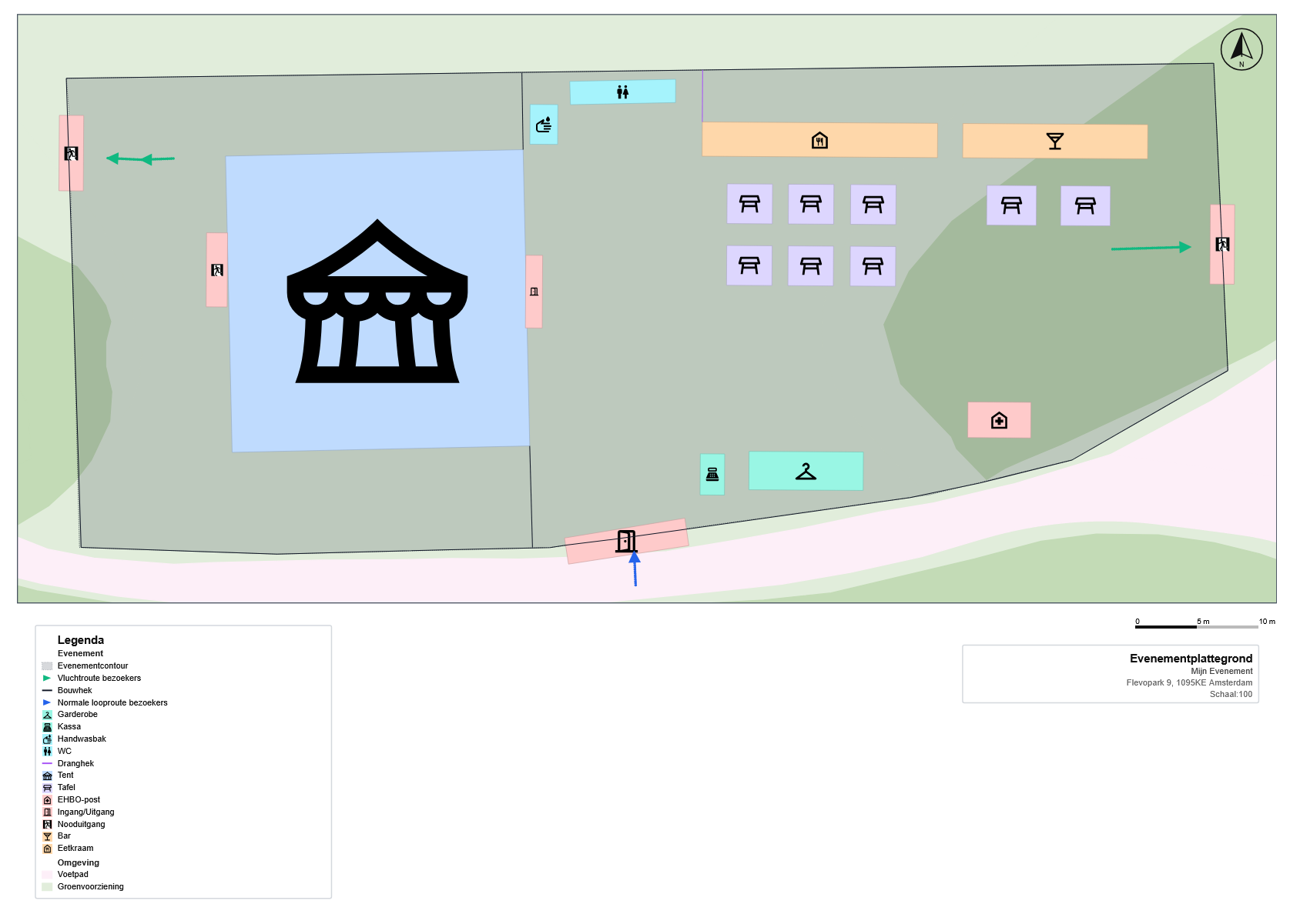 Voorbeeldresultaat van Eventmaps: een evenementenplattegrond met podium, foodtrucks, sanitair en looproutes getekend op de officiële BGT-gemeentekaart van Breda