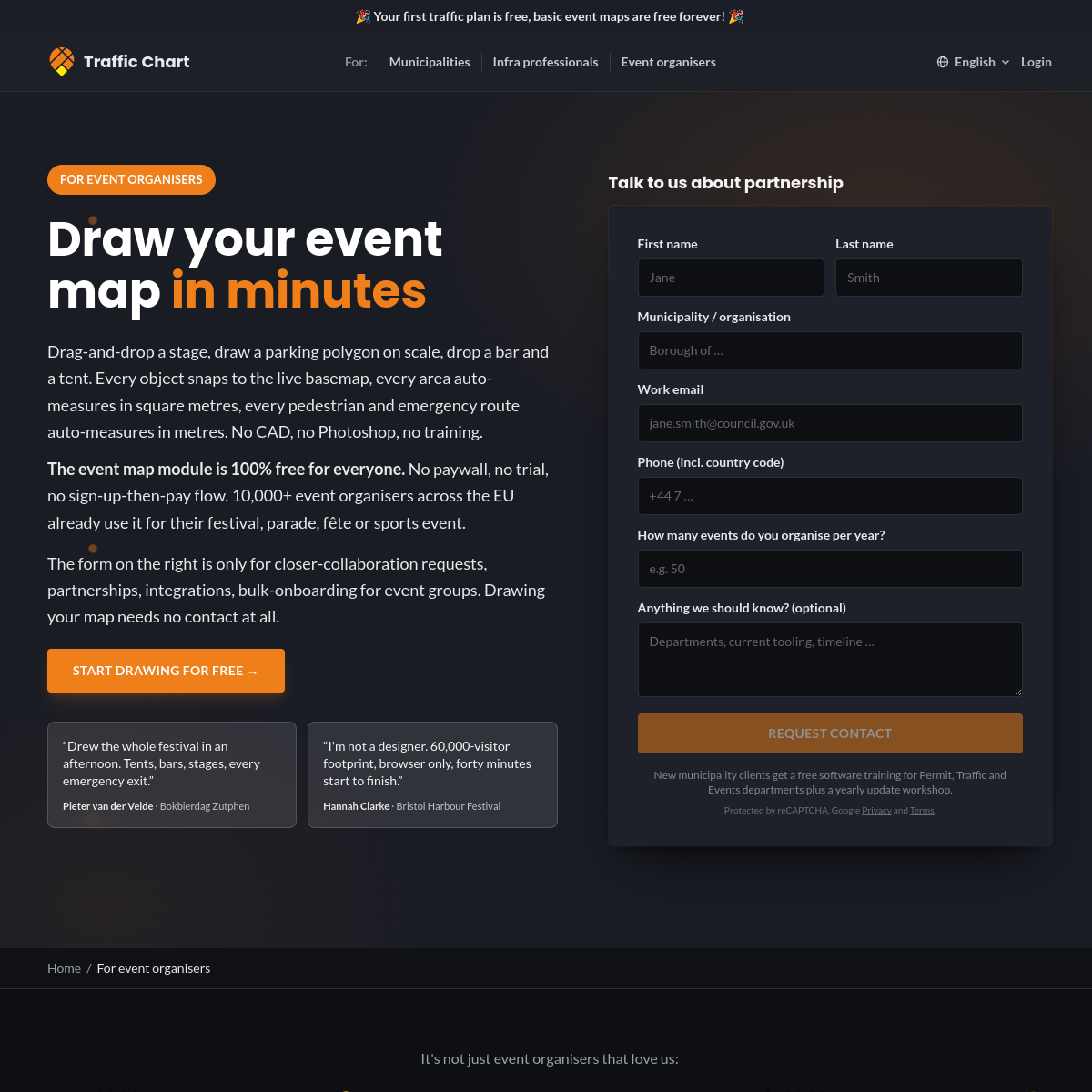 Screenshot van de Traffic Chart event-organisers pagina waarop de gratis status van de module sinds 2025 wordt bevestigd